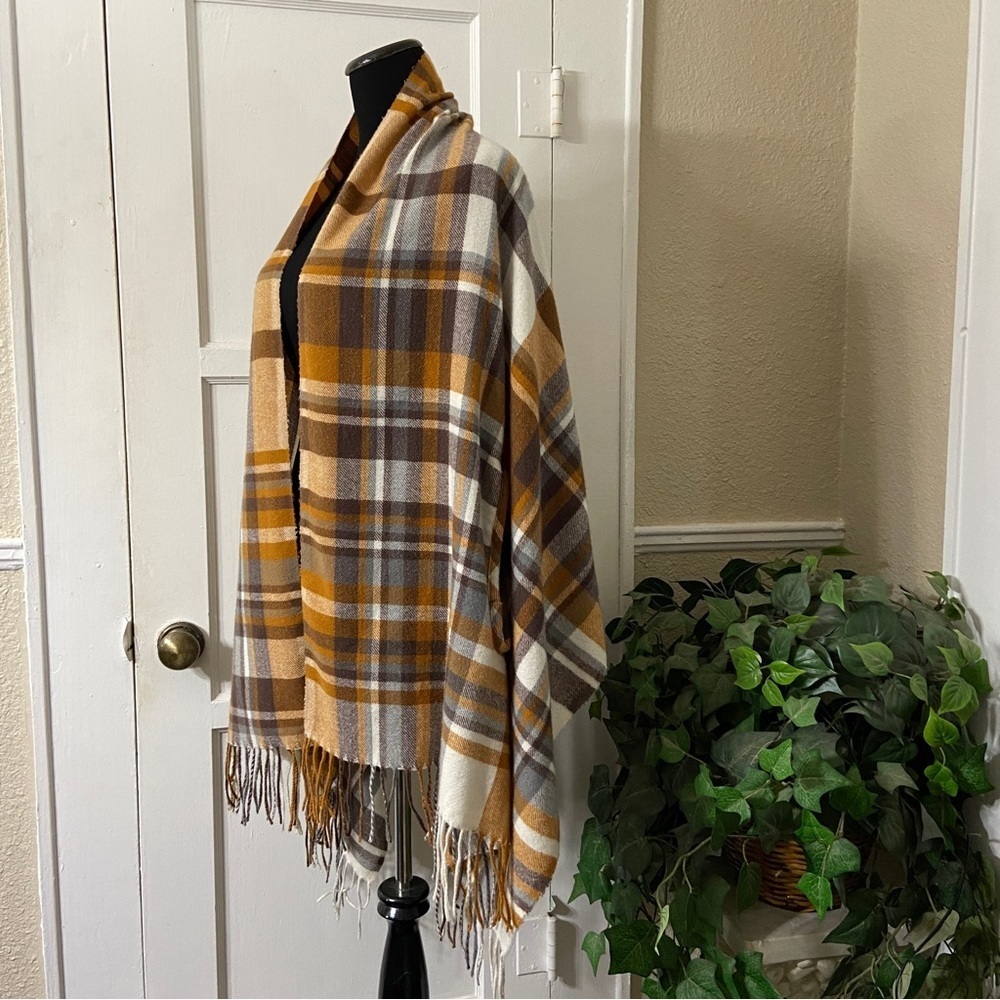 Soft Plaid Scarf With Armholes & Tassel Hem